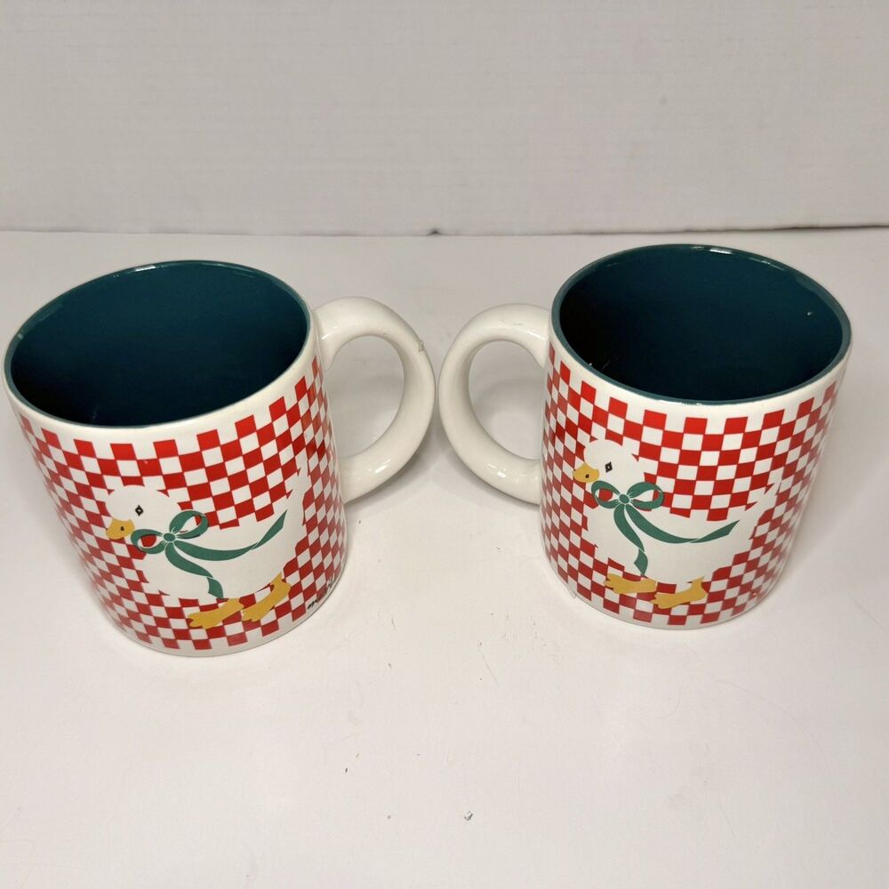 VTG Goose Coffee Mug Red White Checkered Farmhouse Cottagecore Choose Qty